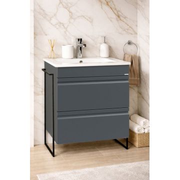 Set Baza front MDF si Lavoar seria 086, cadru metalic, cu sertare, montata, 60 cm, antracit
