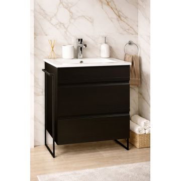 Set Baza front MDF si Lavoar seria 086, cadru metalic, cu sertare, montata, 60 cm, negru