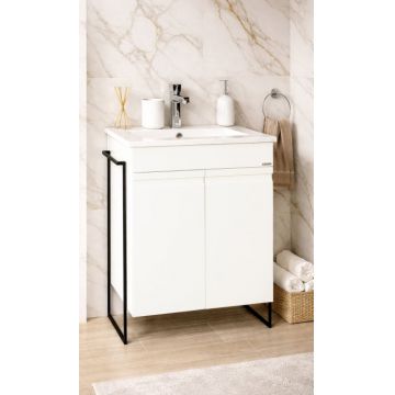 Set Baza front MDF si Lavoar seria 086, cadru metalic, montata, 50 cm, alb