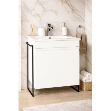 Set Baza front MDF si Lavoar seria 086, cadru metalic, montata, 60 cm, alb