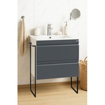 Set Baza front MDF si Lavoar seria 086, cadru metalic, sertare, 60 cm, antracit