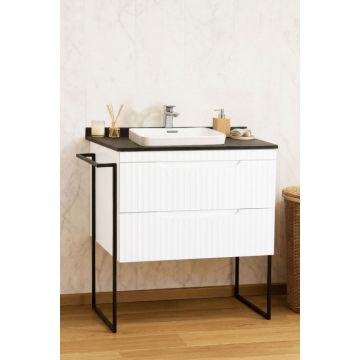 Set Baza front MDF si Lavoar seria 633, cu sertare, cadru metalic, montata, 80 cm, alb rustic