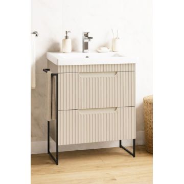 Set Baza front MDF si Lavoar seria 733, cadru metalic, cu sertare, montata, 60 cm, crem