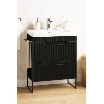 Set Baza front MDF si Lavoar seria 733, cadru metalic, cu sertare, montata, 60 cm, negru