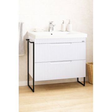 Set Baza front MDF si Lavoar seria 733, cadru metalic, cu sertare, montata, 80 cm, alb rustic