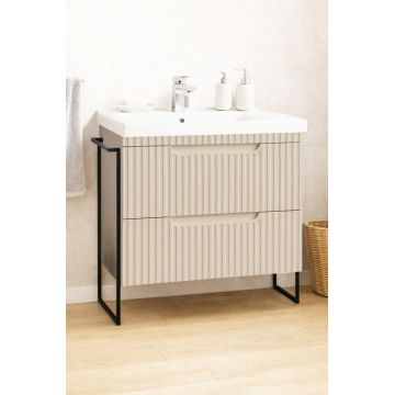 Set Baza front MDF si Lavoar seria 733, cadru metalic, cu sertare, montata, 80 cm, crem