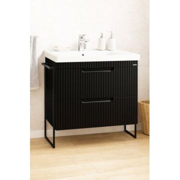 Set Baza front MDF si Lavoar seria 733, cadru metalic, cu sertare, montata, 80 cm, negru