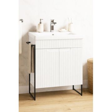 Set Baza front MDF si Lavoar seria 733, cadru metalic, montata, 60 cm, alb rustic