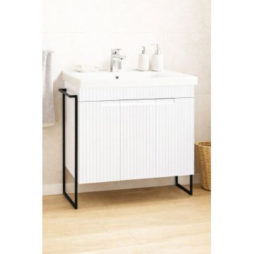 Set Baza front MDF si Lavoar seria 733, cadru metalic, montata, 80 cm, alb rustic