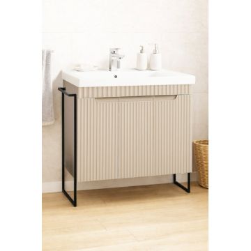 Set Baza front MDF si Lavoar seria 733, cadru metalic, montata, 80 cm, crem