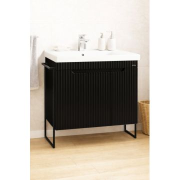 Set Baza front MDF si Lavoar seria 733, cadru metalic, montata, 80 cm, negru