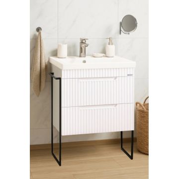 Set Baza front MDF si Lavoar seria 733, cadru metalic, sertare, montata, 60 cm, alb rustic