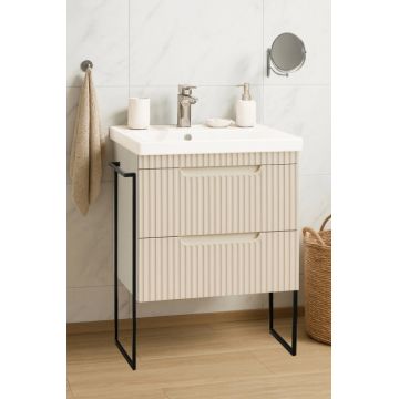 Set Baza front MDF si Lavoar seria 733, cadru metalic, sertare, montata, 60 cm, crem
