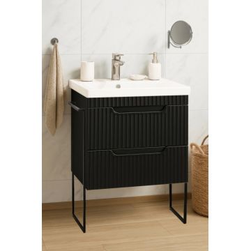 Set Baza front MDF si Lavoar seria 733, cadru metalic, sertare, montata, 60 cm, negru