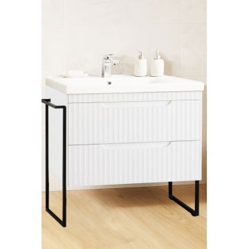 Set Baza front MDF si Lavoar seria 733, cadru metalic, sertare, montata, 80 cm, alb rustic