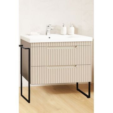 Set Baza front MDF si Lavoar seria 733, cadru metalic, sertare, montata, 80 cm, crem