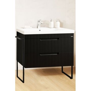 Set Baza front MDF si Lavoar seria 733, cadru metalic, sertare, montata, 80 cm, negru