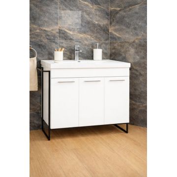 Set Baza front MDF si Lavoar seria 754, cadru metalic, montata, 100 cm, alb