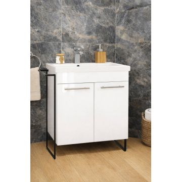 Set Baza front MDF si Lavoar seria 754, cadru metalic, montata, 65 cm, alb
