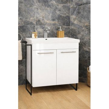 Set Baza front MDF si Lavoar seria 754, cadru metalic, montata, 70 cm, alb