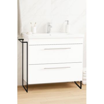 Set Baza front MDF si Lavoar seria 754, cadru metalic, sertare, 80 cm, alb