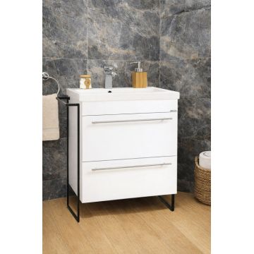 Set Baza front MDF si Lavoar seria 754, cadru metalic, sertare, montata, 60 cm, alb