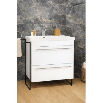 Set Baza front MDF si Lavoar seria 754, cadru metalic, sertare, montata, 70 cm, alb