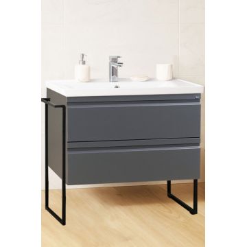 Set Baza front MDF si Lavoar seria 786, cadru metalic, cu sertare, 90 cm, antracit