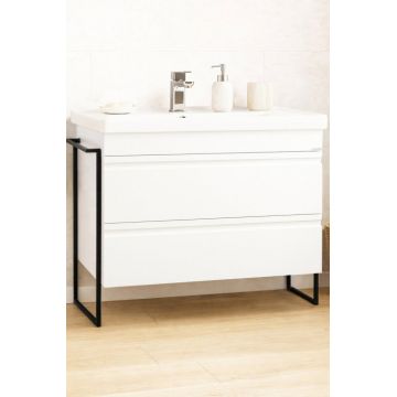 Set Baza front MDF si Lavoar seria 786, cadru metalic, cu sertare, montata, 100 cm, alb