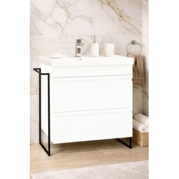 Set Baza front MDF si Lavoar seria 786, cadru metalic, cu sertare, montata, 70 cm, alb