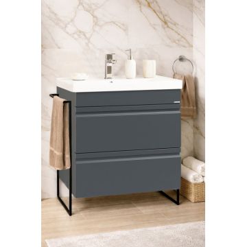 Set Baza front MDF si Lavoar seria 786, cadru metalic, cu sertare, montata, 70 cm, antracit