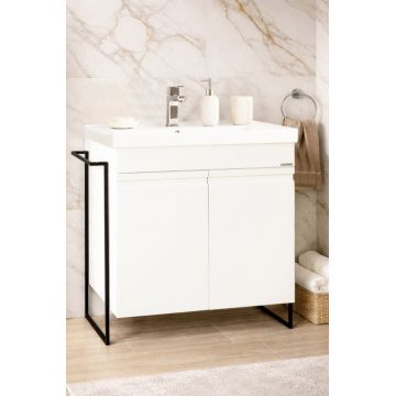 Set Baza front MDF si Lavoar seria 786, cadru metalic, montata, 70 cm, alb