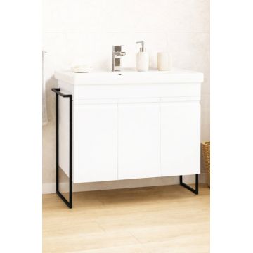 Set Baza front MDF si Lavoar seria 786, cadru metalic, montata, 90 cm, alb