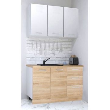 Set bucatarie GERMANIA 120 cm, 4 corpuri, 3 sertare, blat gros, sonoma + alb