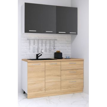Set bucatarie GERMANIA 140 cm, 4 corpuri, 3 sertare, blat gros, sonoma + antracit