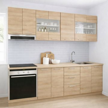 Set bucatarie GERMANIA 220 cm, 8 corpuri, corp cuptor, 3 sertare, blat gros, sonoma