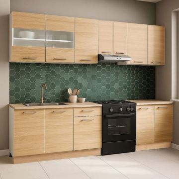 Set bucatarie GERMANIA 240 cm, 7 corpuri, blat gros, sonoma