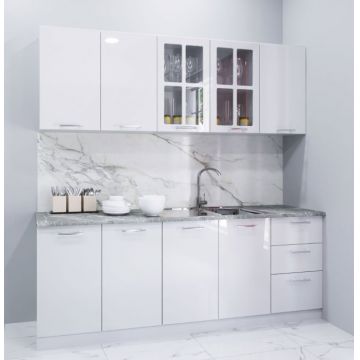 Set bucatarie IRIS 200 cm, 6 corpuri, blat termorezistent, fronturi MDF vopsit ultralucios, alb