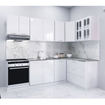 Set bucatarie IRIS COLT 240x140 cm, 9 corpuri, corp cuptor, blat termorezistent, fronturi MDF, alb