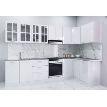 Set bucatarie IRIS COLT 300x140 cm, 11 corpuri, blat termorezistent, fronturi MDF, alb