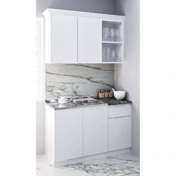 Set bucatarie SPACE 120 cm, 2 corpuri, cu sertar, blat termorezistent, fronturi MDF, alb antichizat