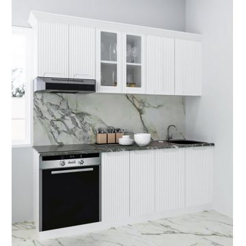 Set bucatarie SPACE 200 cm, 6 corpuri, corp cuptor, blat termorezistent, fronturi MDF, alb rustic
