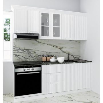 Set bucatarie SPACE 200 cm, 6 corpuri, corp cuptor, cu sertare, blat termorezistent, fronturi MDF, alb rustic