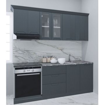 Set bucatarie SPACE 200 cm, 6 corpuri, corp cuptor, cu sertare, blat termorezistent, fronturi MDF, antracit