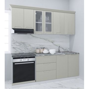 Set bucatarie SPACE 200 cm, 6 corpuri, corp cuptor, cu sertare, blat termorezistent, fronturi MDF, crem