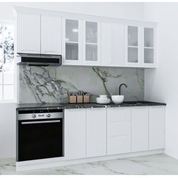 Set bucatarie SPACE 220 cm, 8 corpuri, corp cuptor, cu sertare, blat termorezistent, fronturi MDF, alb rustic