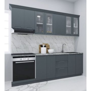 Set bucatarie SPACE 220 cm, 8 corpuri, corp cuptor, cu sertare, blat termorezistent, fronturi MDF, antracit