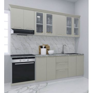 Set bucatarie SPACE 220 cm, 8 corpuri, corp cuptor, cu sertare, blat termorezistent, fronturi MDF, crem