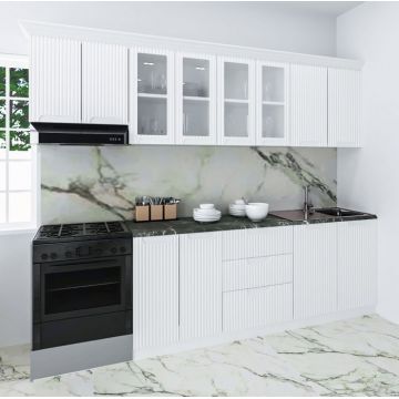 Set bucatarie SPACE 260 cm, 7 corpuri, blat termorezistent, fronturi MDF, alb rustic