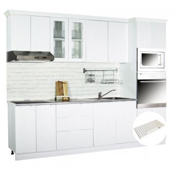 Set bucatarie SPACE 260 cm, 7 corpuri, corp cuptor + microunde, blat termorezistent, fronturi MDF, alb rustic